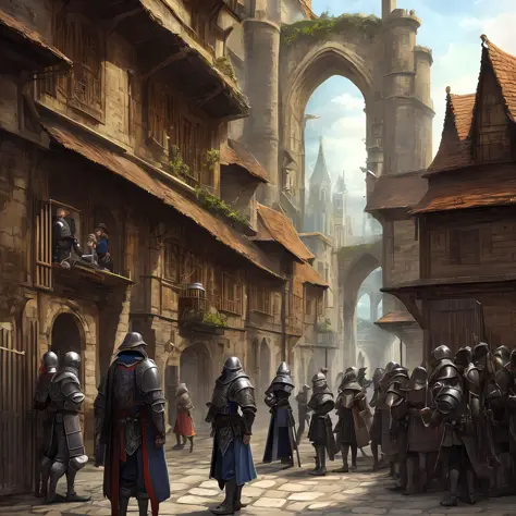viewer behind action, a young, waiting in a queue of people, in front of a medieval city gate, two armored guards checking documents at the gate, outside the city, fantasy style, highly detailed