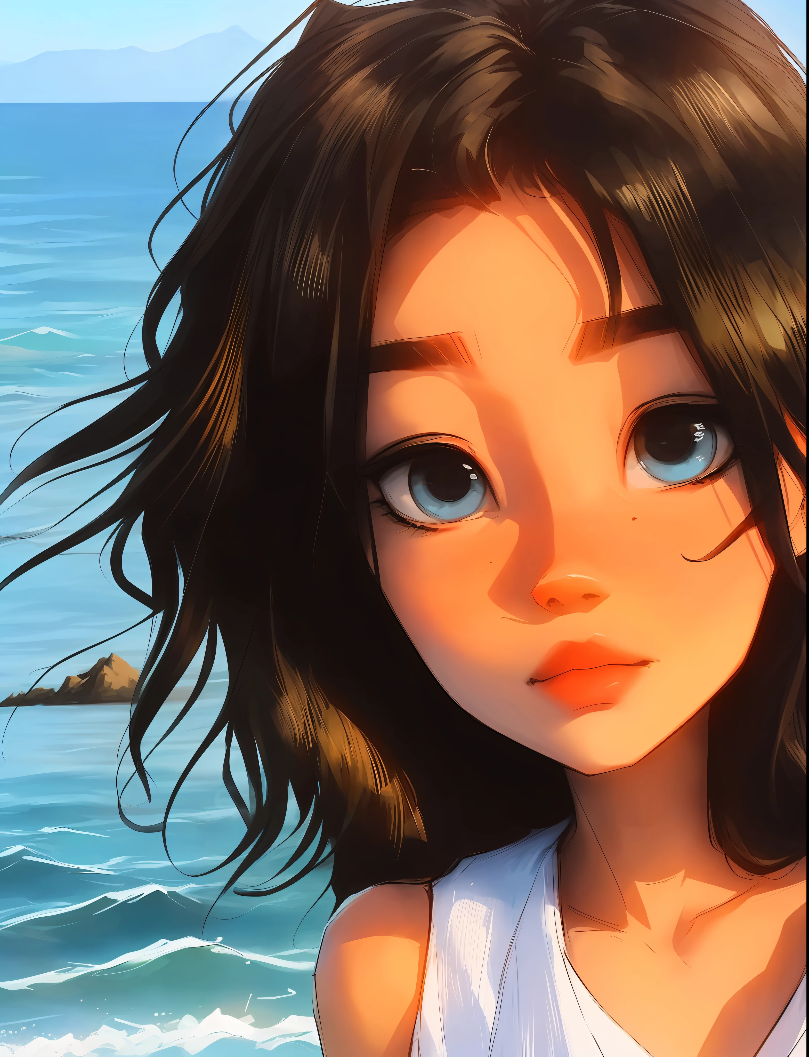 Samdoesarts, (close-up, landscape, sea), (a girl), (sea), standing in the sea, delicate facial features, blue eyes, brown hair, white clothes