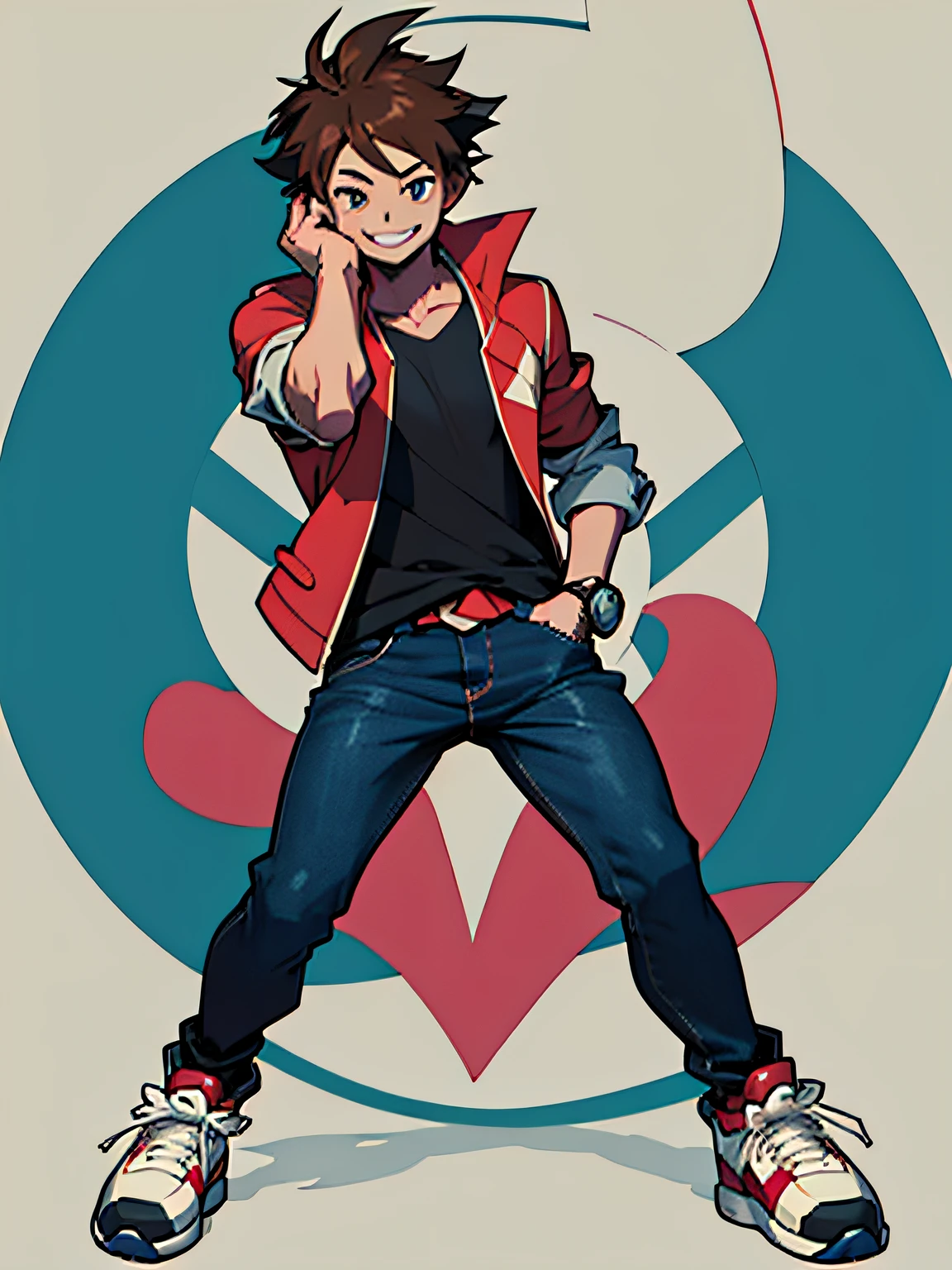 Adult male, short brown hair, black shirt with blue details, black jeans, style a pokemon trainer, full body, smiling, anime style, thin, no background, 1 boy