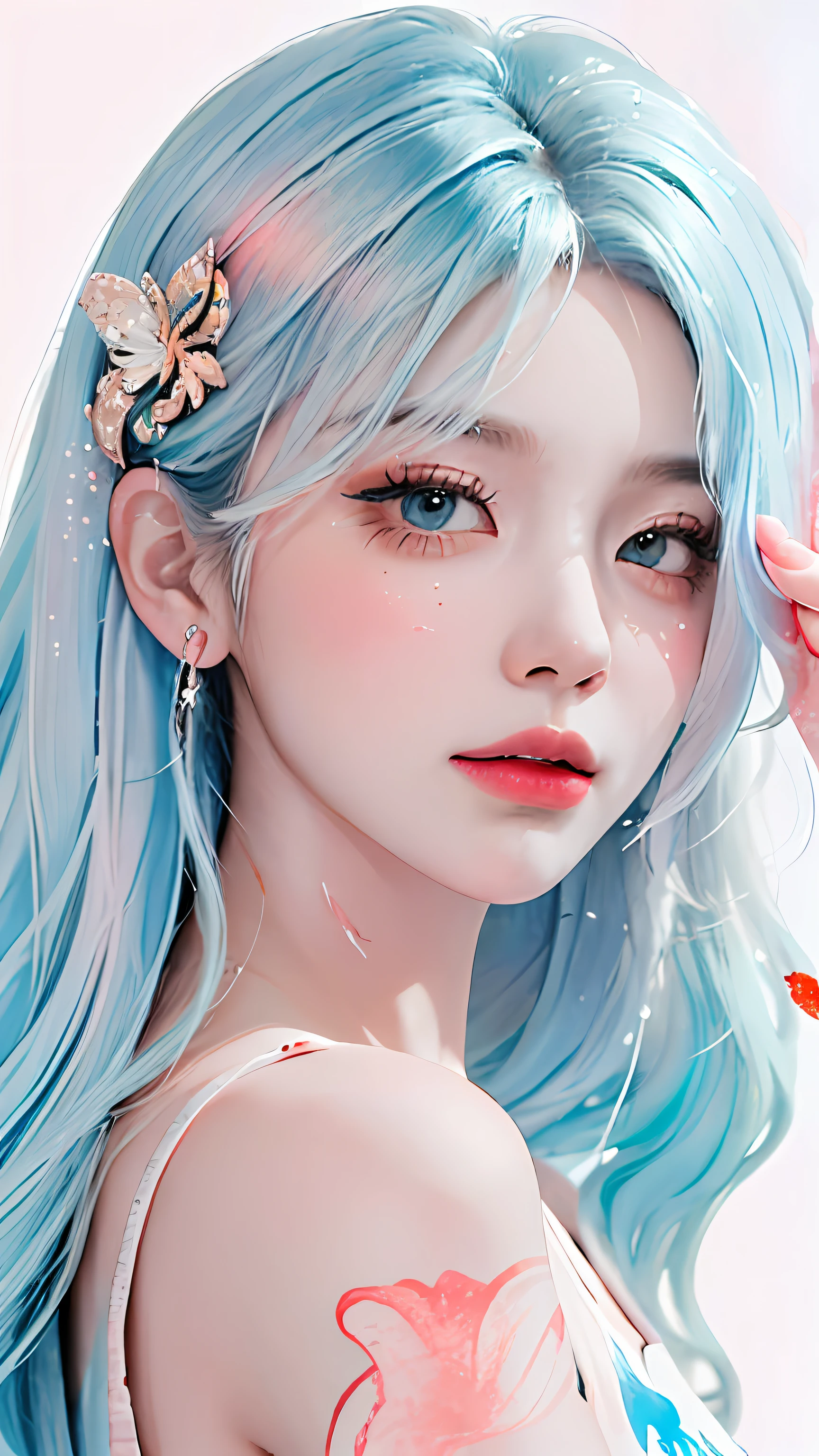 (Masterpiece, Best Quality, High Resolution), White Background, Acrylic Paint, ((Color Splash, Splash of Ink, Color Splash)), Sweet Chinese Girl, Long Light Blue Hair, [Light Blue|Pink] Hair, Curly Hair, Glitter, Peach Lips, White Shirt, Front, Upper Body