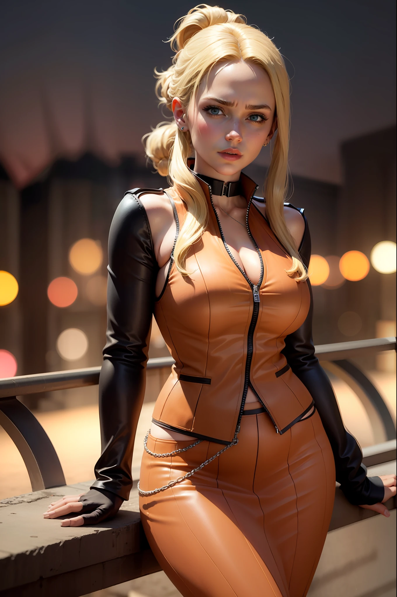 masterpiece, best quality,3d rending work ,3DMM style,close-up, 3D,1girl, solo, black hair, realistic, upper body, on a balcony in a park overlooking a lit up town in the distance, bokeh background, parted lips, choker, makeup, (medium perky breasts) realistic natural breasts, cleavage, standing, tilted hips, cameltoe, quistis, (orange skirt) orange waistcoat, shoulder length gloves (blonde hair:1.2)