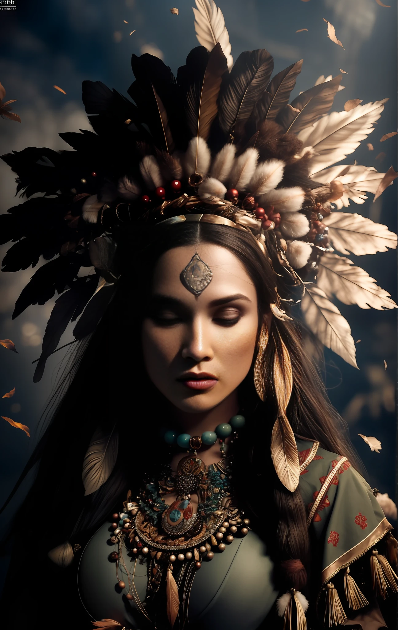 (full portrait), (mid-plane), solo, detailed background, detailed face, (stonepunkAI, stone theme: 1.1), wise, (female), (native Brazilian Xavante), (beautiful, straight hair: 0.2), shaman, penetrating septum, mystic, (beautiful face), stunning, head tilted upwards, (eyes open, serene expression), calm, Seafoam red shredded clothes, prayer beads, tribal jewelry, feathers in the hair, headdress:0.33, jade,  Ruby, detailed clothing, neckline, realistic skin texture, (floating particles, water swirl, embers, ritual, whirlpool, wind: 1.2), sharp focus, volumetric lighting, good highlights, good shading, subsurface dispersion, intricate, highly detailed, ((cinematic), dramatic, (high quality, award-winning, masterpiece: 1.5), (photorealistic: 1.5), (intricate symmetrical war painting: 0.5),