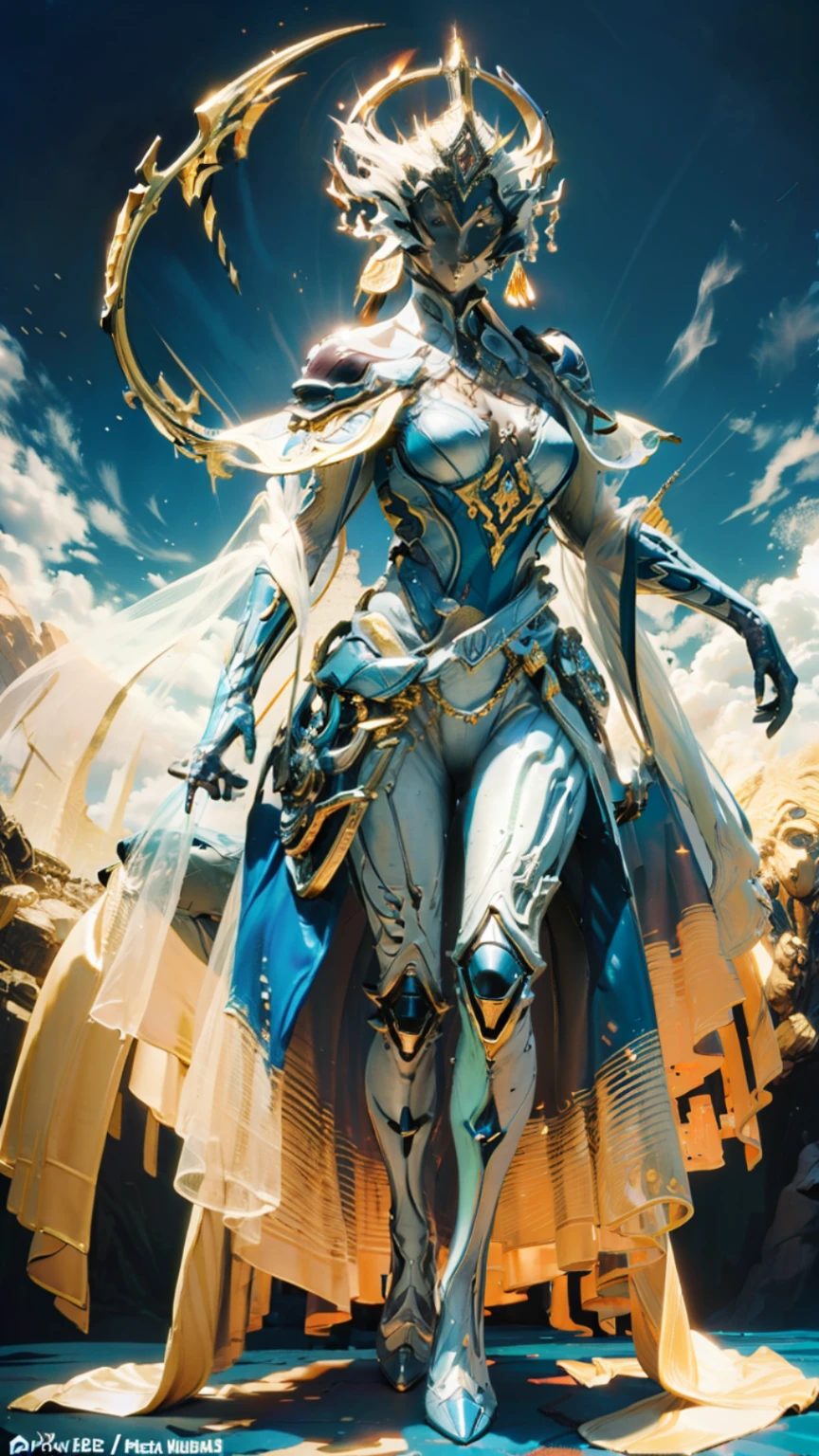 solo, super fine photo, full body picture Unreal Engine 5 8K UHD, female, white color scheme armor, orchid color see-through dress, tattoo details, majestic luxurious crown-like helmet, yellow halo on the head, royalty design, best quality, masterpiece, official art, unified 8k wallpaper, high detailed, sharp focus, flying pose, body parts, concept character art