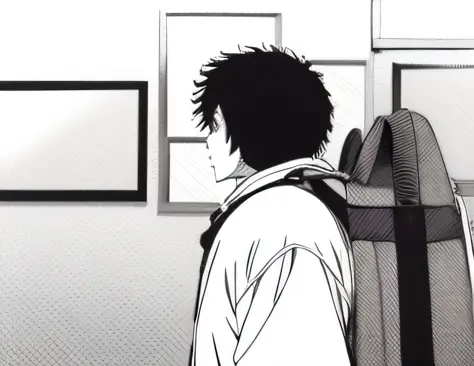 Boy with backpack looking at picture frame in the room, Kentaro Miura manga style, black and white manga panel, Kentaro Miura ma...