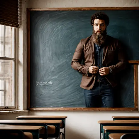 "(masterpiece, best quality),a teacher with green eyes,beard,curly black hair,facing a blackboard in a classroom,window,chairs,b...