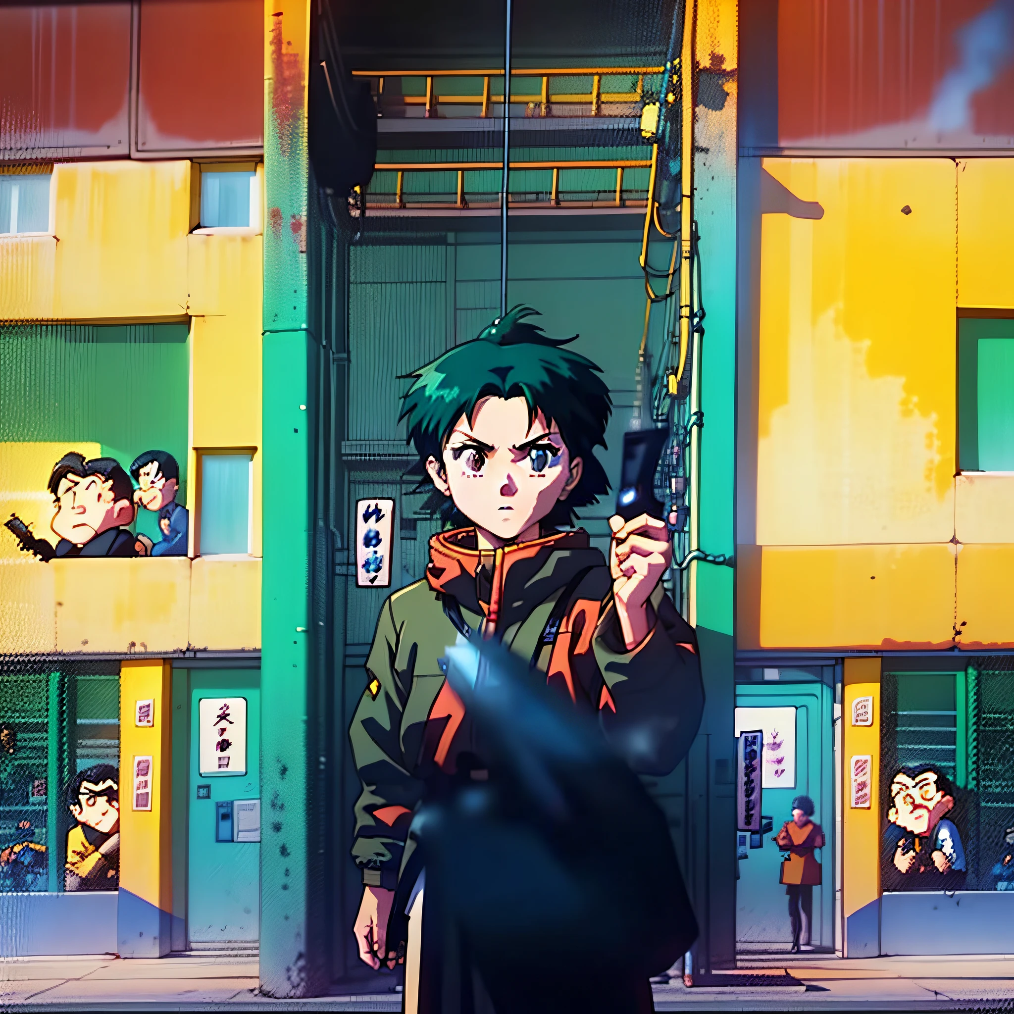 Anime boy holding a gun in front of a building with people - SeaArt AI