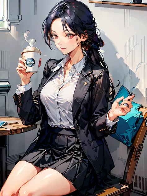 A 30-year-old woman with long black hair, red eyes, confident and positive expression, black blazer, white shirt, (black hip skirt: 1.1), (coffee in a café: 1.2), sitting in a chair