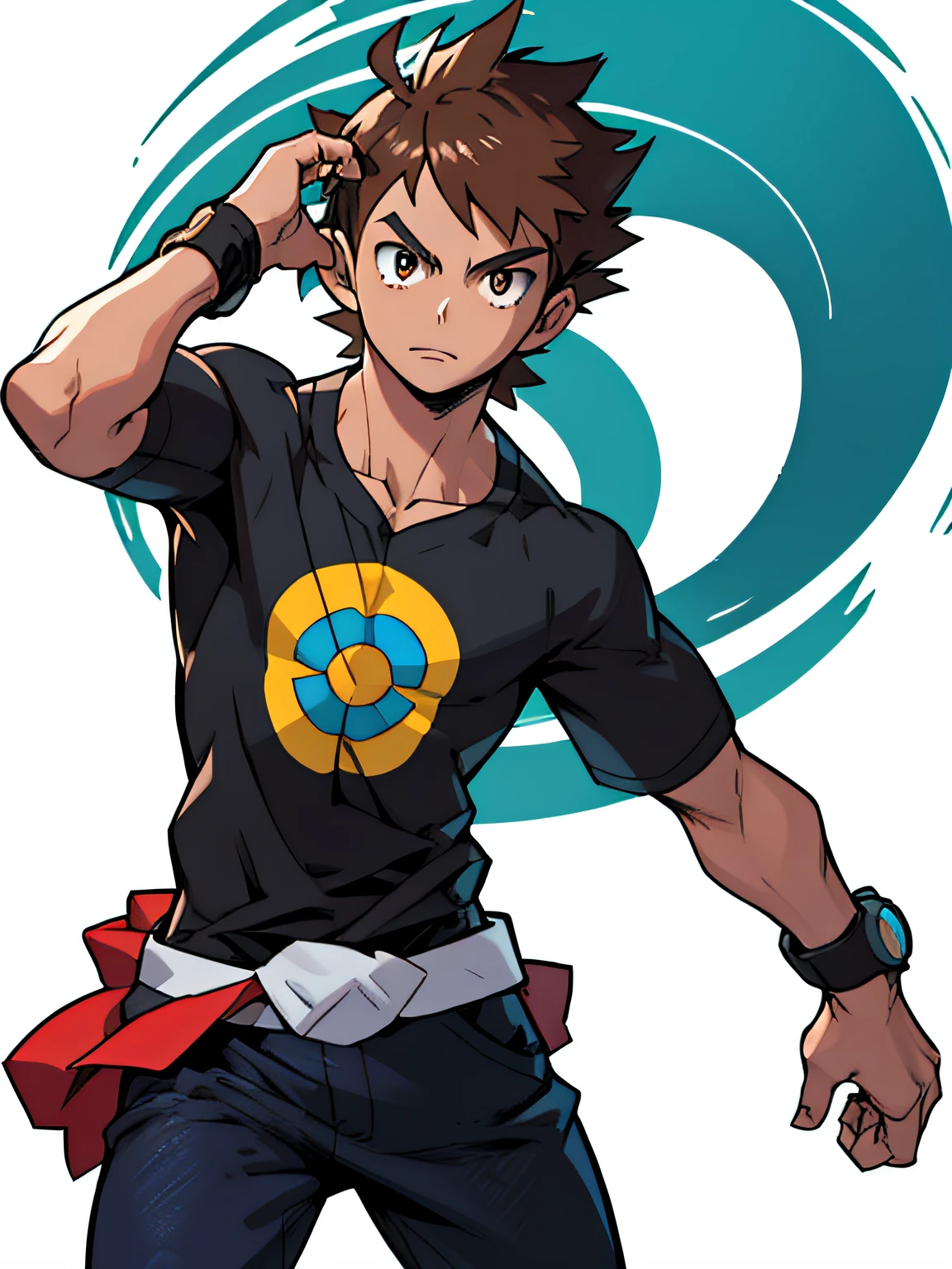 Adult male, centered, short brown hair, brown eyes, (detailed face), (detailed eyes) black shirt with blue details, black pants, pokemon trainer, full body, action pose, anime style, thin, white background