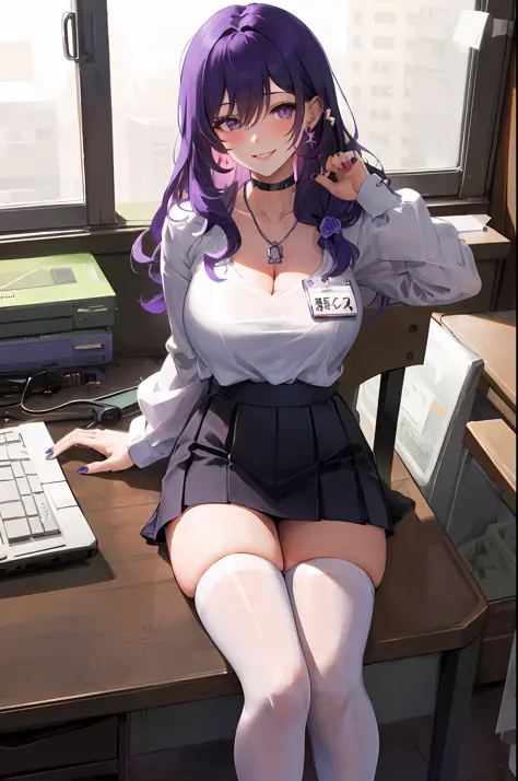 Keqing, genshin impact, 1girl, solo, ((white shirt)), black thighhighs, breasts, cleavage, uniform, office background, black ski...