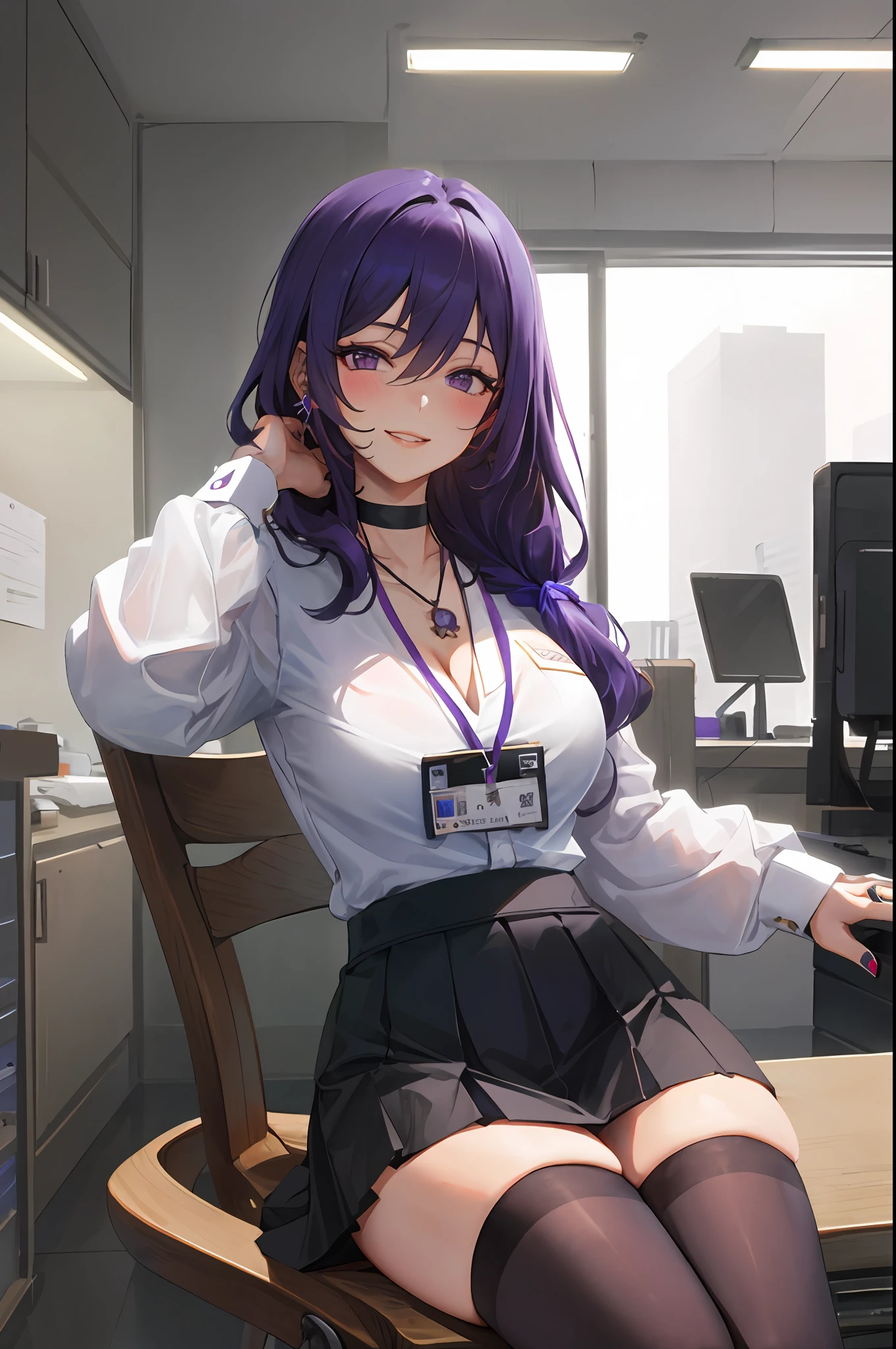Keqing, genshin impact, 1girl, solo, ((white shirt)), black thighhighs, breasts, cleavage, uniform, office background, black skirt, pleated skirt, office, hair between eyes, messy hair, large breasts, long hair, looking at viewer, purple hair, choker, pierce, ear piercing, lip piercing, purple short nails, purple eyes, solo, thighhighs, thighs, very long hair, ((masterpiece)), sitting, chair, desk, computer on desk, name tag, id tag, indoor, blush, smile, show teeth, sexy pose,