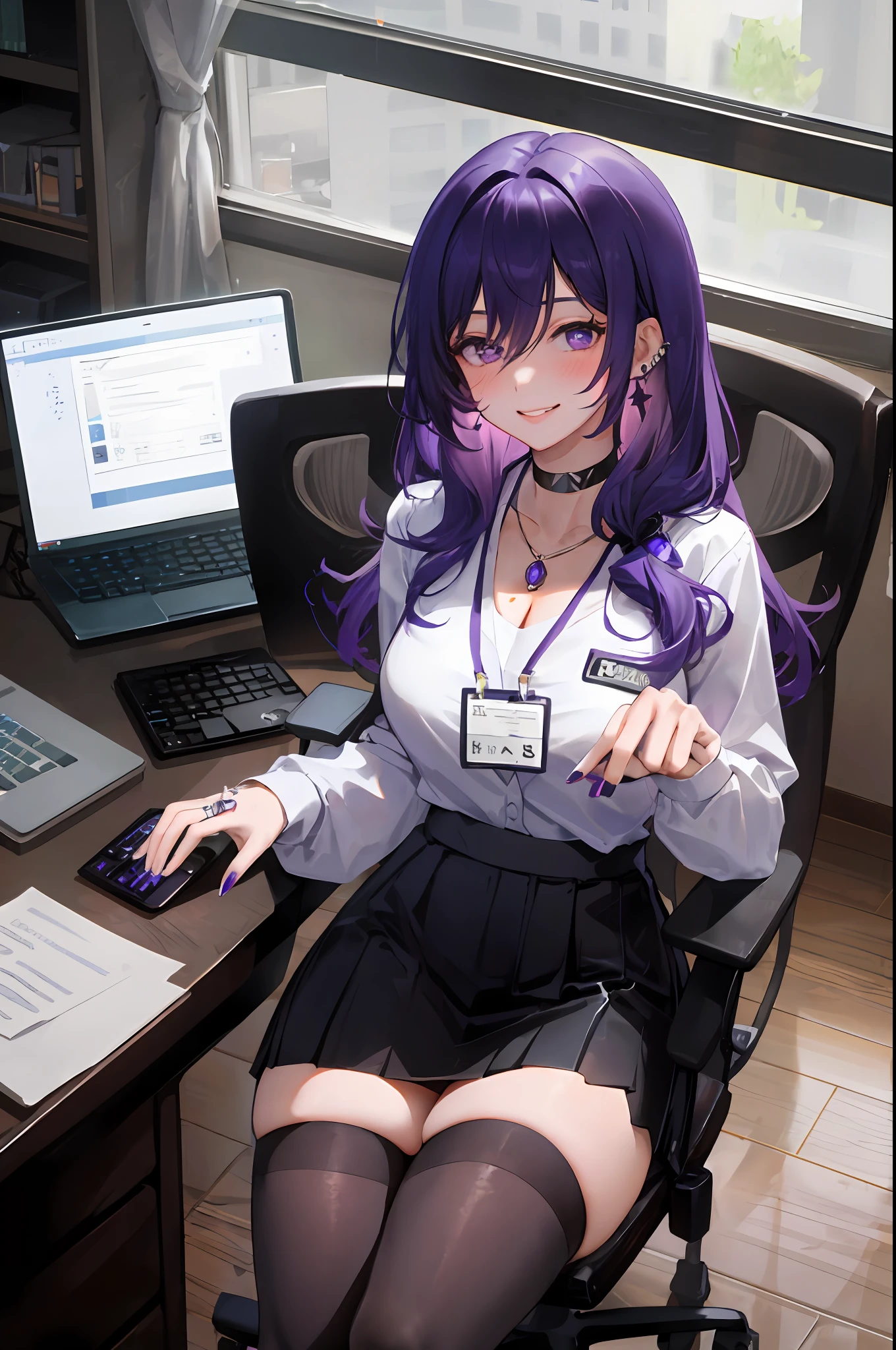 Keqing, genshin impact, 1girl, solo, ((white shirt)), black thighhighs, breasts, cleavage, uniform, office background, black skirt, pleated skirt, office, hair between eyes, messy hair, large breasts, long hair, looking at viewer, purple hair, choker, pierce, ear piercing, lip piercing, purple short nails, purple eyes, solo, thighhighs, thighs, very long hair, ((masterpiece)), sitting, chair, desk, computer on desk, name tag, id tag, indoor, blush, smile, show teeth, sexy pose,
