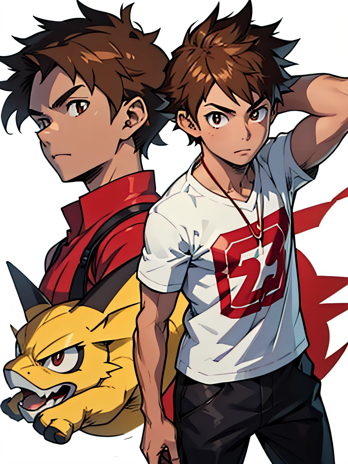 Adult male, centered, short brown hair, brown eyes, (detailed face), (detailed eyes) red t-shirt, black pants, pokemon trainer, full body, anime style, thin, white background