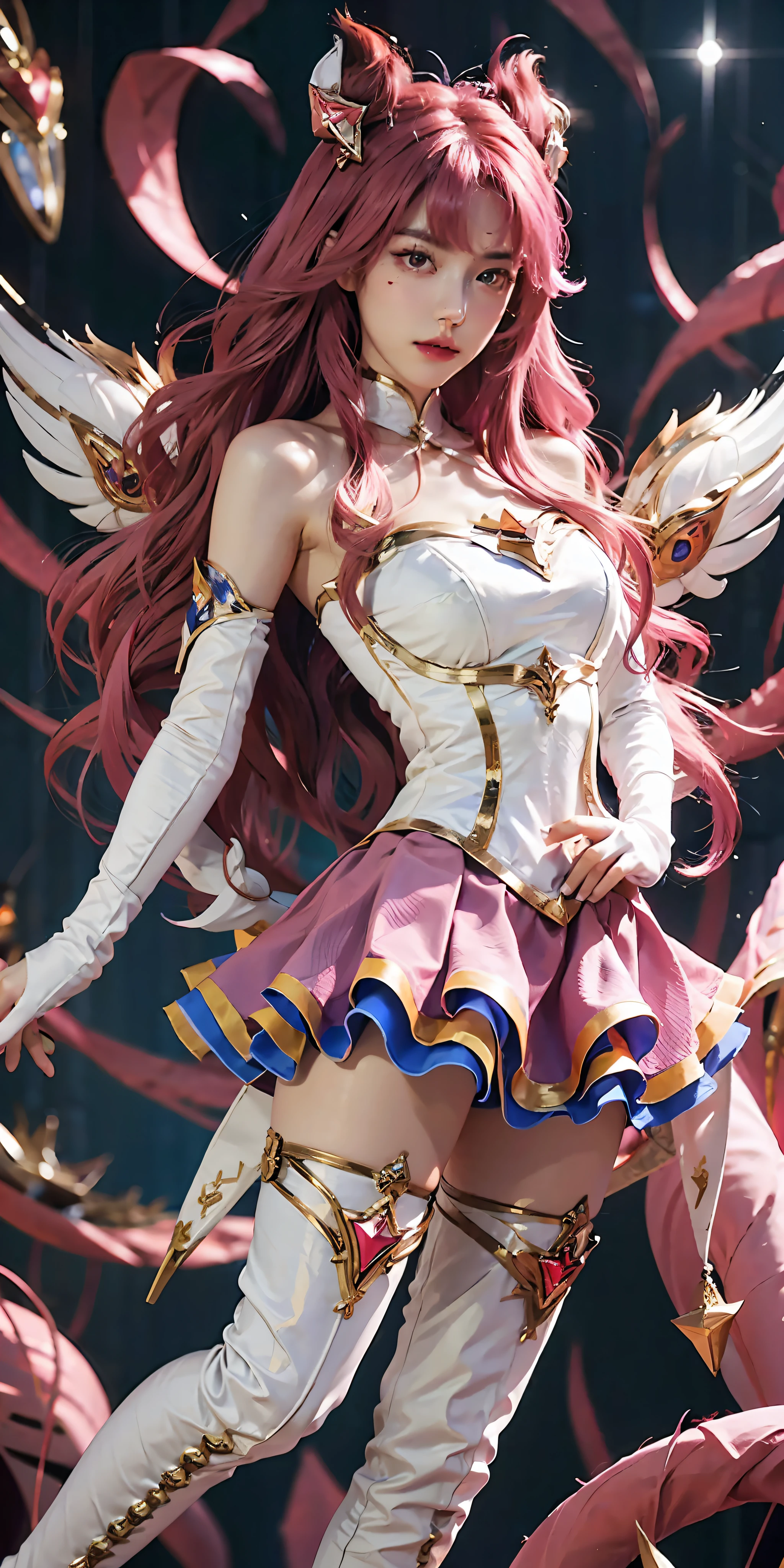 1fille, étoile guardian (League of Legends), cheveux roses, gants, cheveux longs, hauts de cuisse, jupe, thigh bottes, elbow gants, main sur la hanche, Épaules nues, seulement, (ailes), white gants, seins, bottes, Yeux roses, tout le corps, frange, Fille magique, ornement de cheveux, étoile (symbole), regarder le spectateur, Talons hauts, debout，Coiffe d&#39;aile, visage parfait, Beau visage, yeux parfaits,