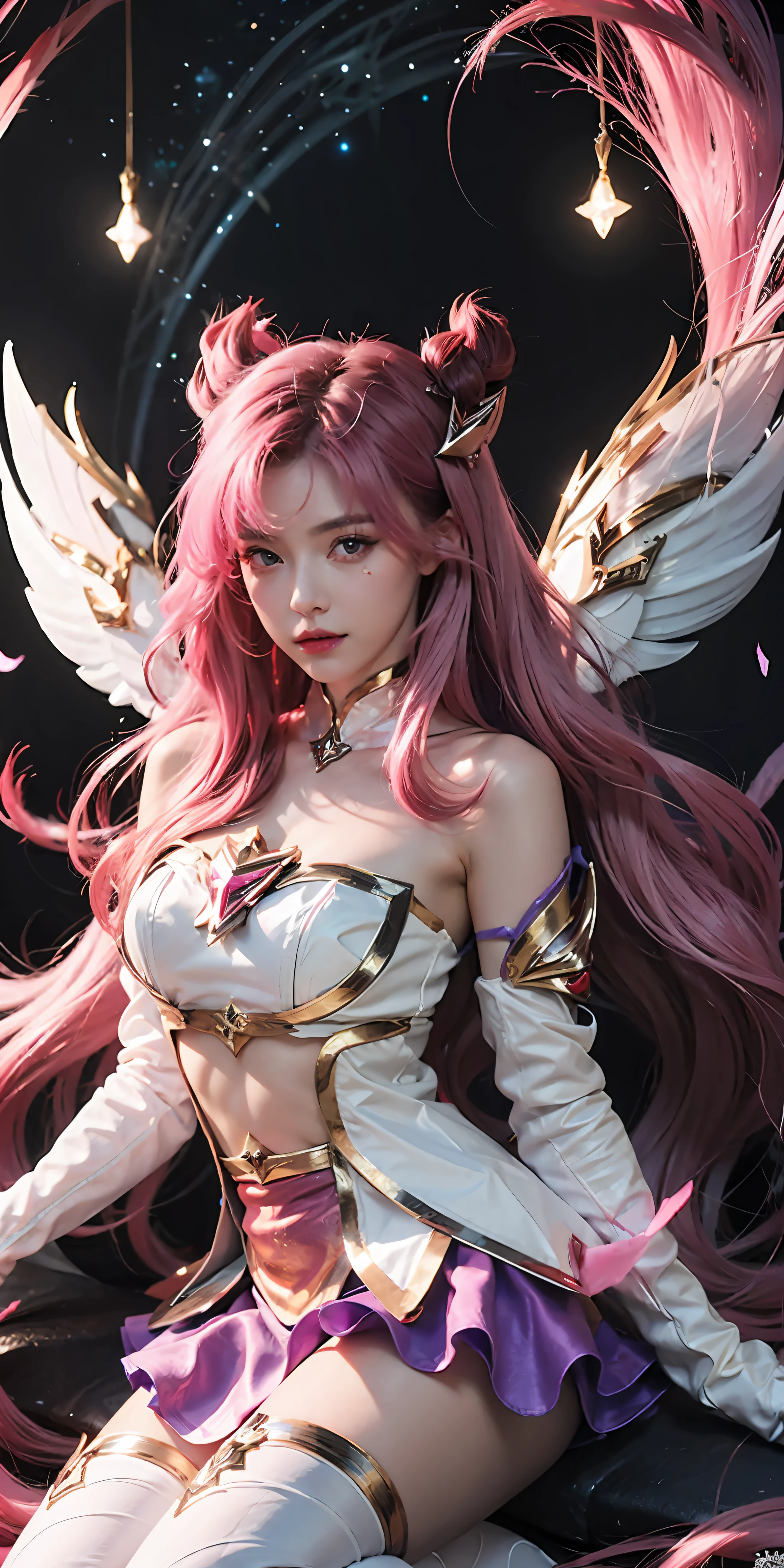 kaisasg, 1girl, star guardian (league of legends), long hair, solo, wings, skirt, gloves, white gloves, elbow gloves, bare shoulders, bangs, magical girl, purple skirt, pink hair, very long hair, magic, red hair, purple eyes, horns, moon, sky, star (symbol), hair ornament