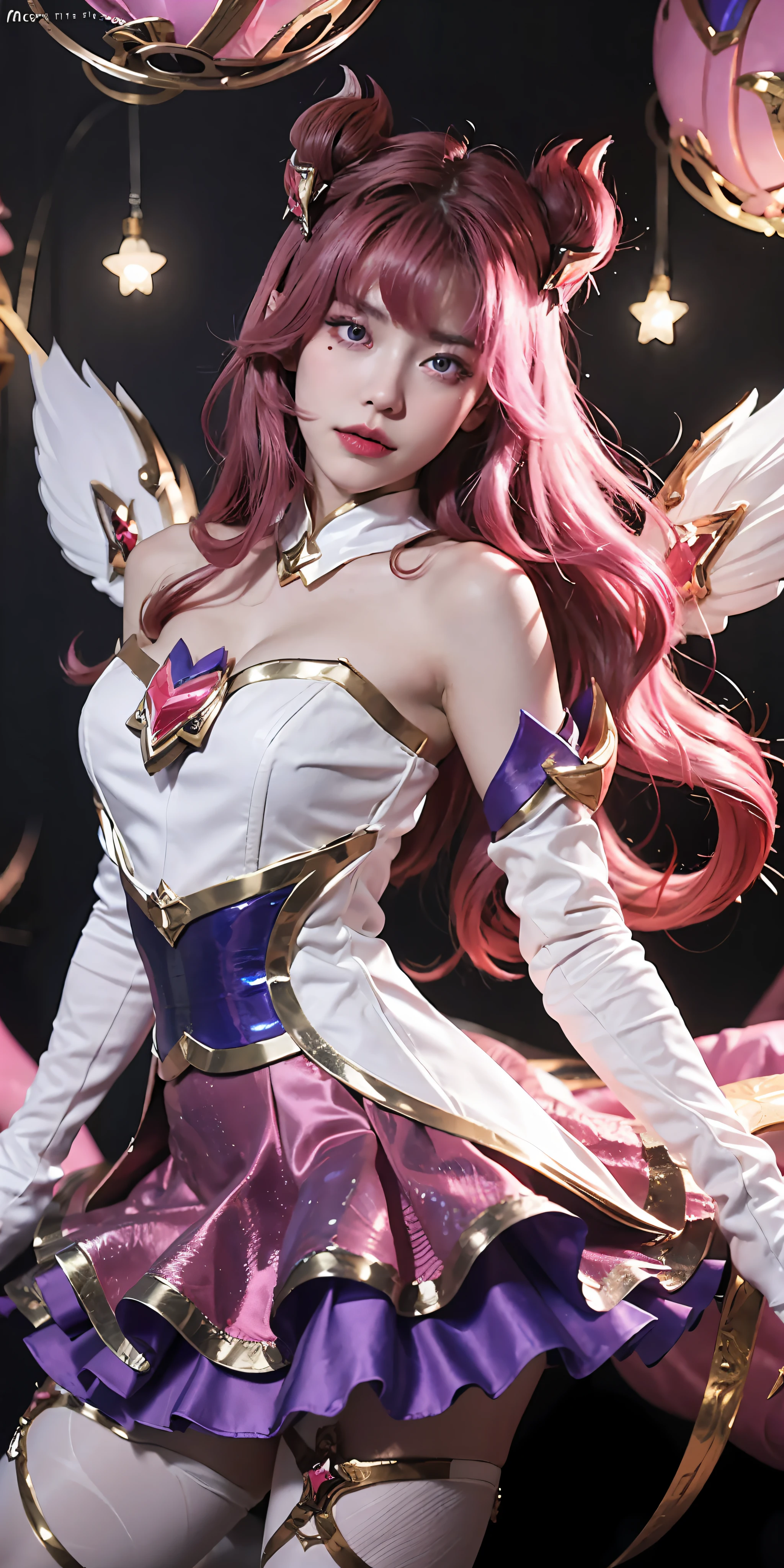 kaisasg, 1girl, star guardian (league of legends), long hair, solo, wings, skirt, gloves, white gloves, elbow gloves, bare shoulders, bangs, magical girl, purple skirt, pink hair, very long hair, magic, red hair, purple eyes, horns, moon, sky, star (symbol), hair ornament