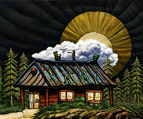a painting of a house with two clouds and a sun, jxmc style,