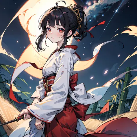 master-piece,hyper quality, hyper detailed,perfect drawing,Solo, Beautiful Girl, Samurai,in yukata,Black Ponytail, Hair tied up with a large red ribbon, Equipped with two Japan swords,blush (0.2), night view, coolness, bamboo, tanabata, milky way, summer t...