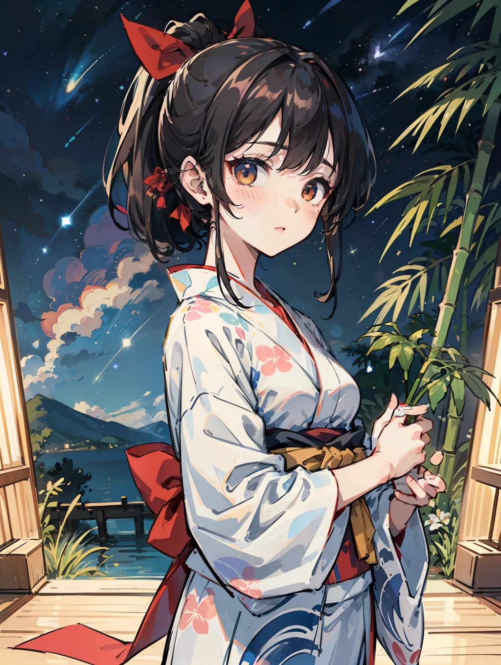 Obra maestra, calidad súper alta, súper detalle, dibujo perfecto, solo, hermosa chica, samurai, yukata, cola de caballo negra, cabello atado con una gran cinta roja, Equipado con dos espadas japonesas, rubor (0.2), vista nocturna, frescura, hoja de bambú suave, tanabata, vía Láctea, Triángulo de verano (denev, altair, Vega), el aire fluye, Elegancia, hermoso fondo, Dibujo preciso, dibujo detallado