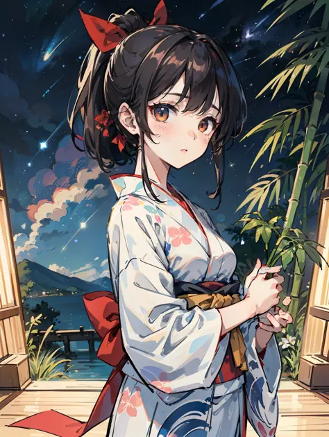 Masterpiece, super high quality, super detail, perfect drawing, solo, beautiful girl, samurai, yukata, black ponytail, hair tied with a big red ribbon, equipped with two Japan swords, blush (0.2), night view, coolness, bamboo leaf smooth, Tanabata, Milky W...