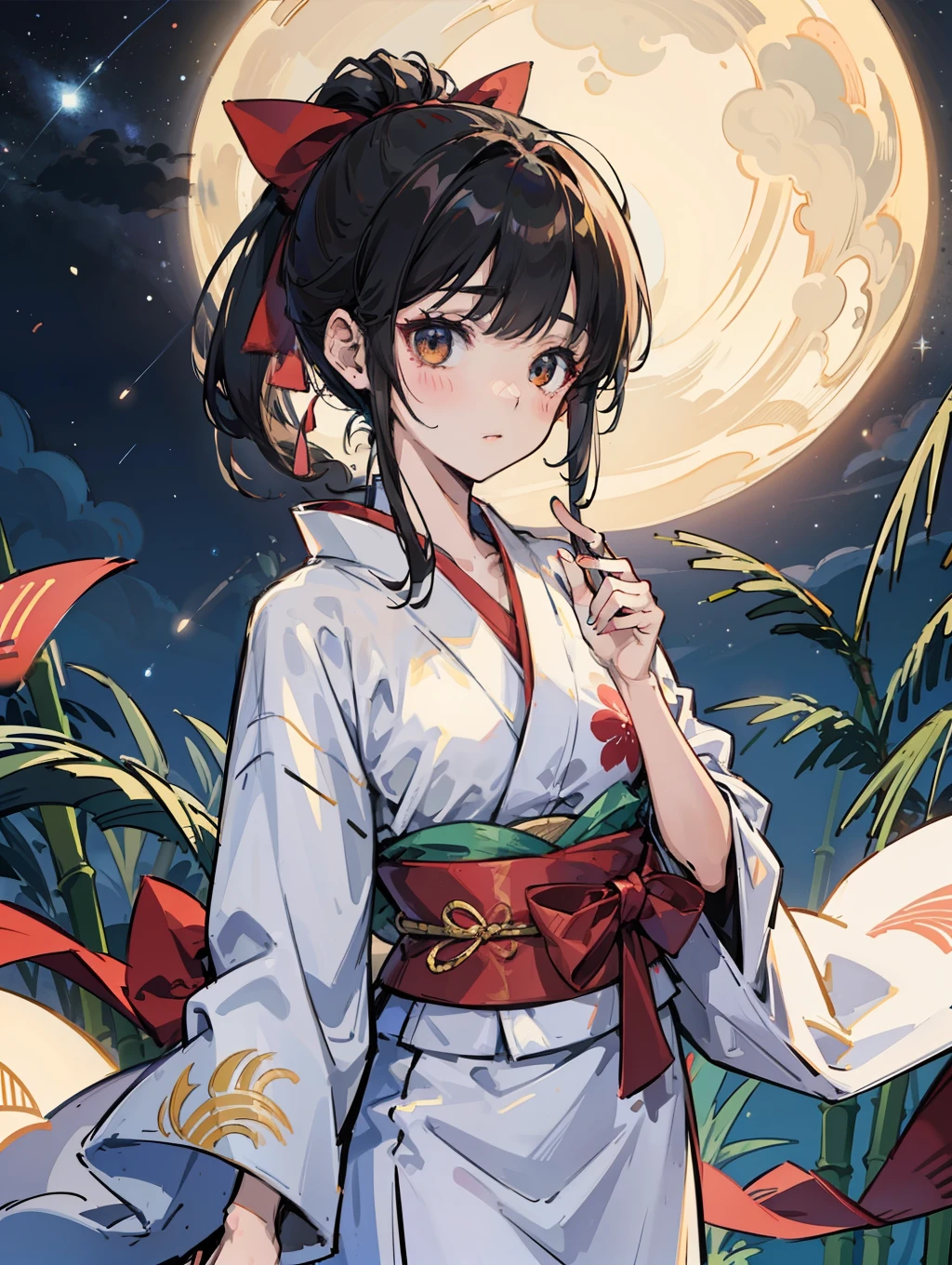 Masterpiece, super high quality, super detail, perfect drawing, solo, beautiful girl, samurai, yukata, black ponytail, hair tied with a big red ribbon, equipped with two Japan swords, blush (0.2), night view, coolness, bamboo leaf smooth, Tanabata, Milky Way, Summer triangle (Denev, Altair, Vega), wind flow, elegance, beautiful background, accurate drawing, detailed drawing