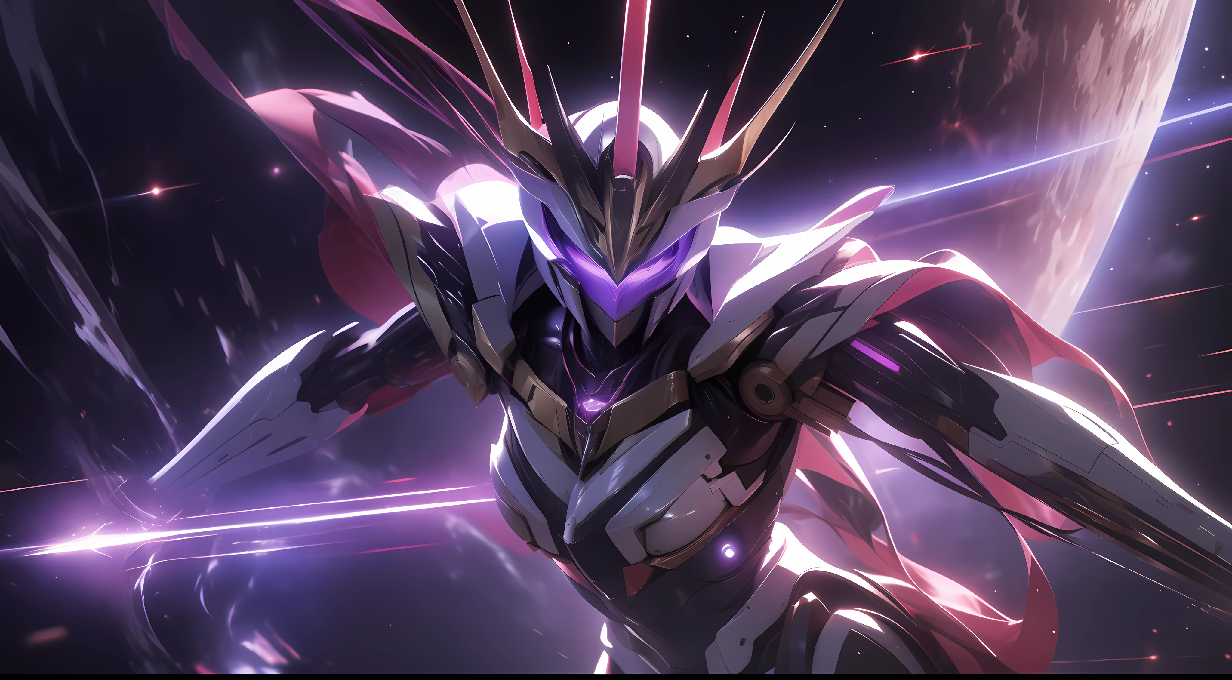 Obra maestra, de la máxima calidad, 8k, detalles realistas, 1 mujer en Gundam mech luchando, ojos morados brillantes, patrón mecha detallado, vista de medio cuerpo, en el espacio, planeta