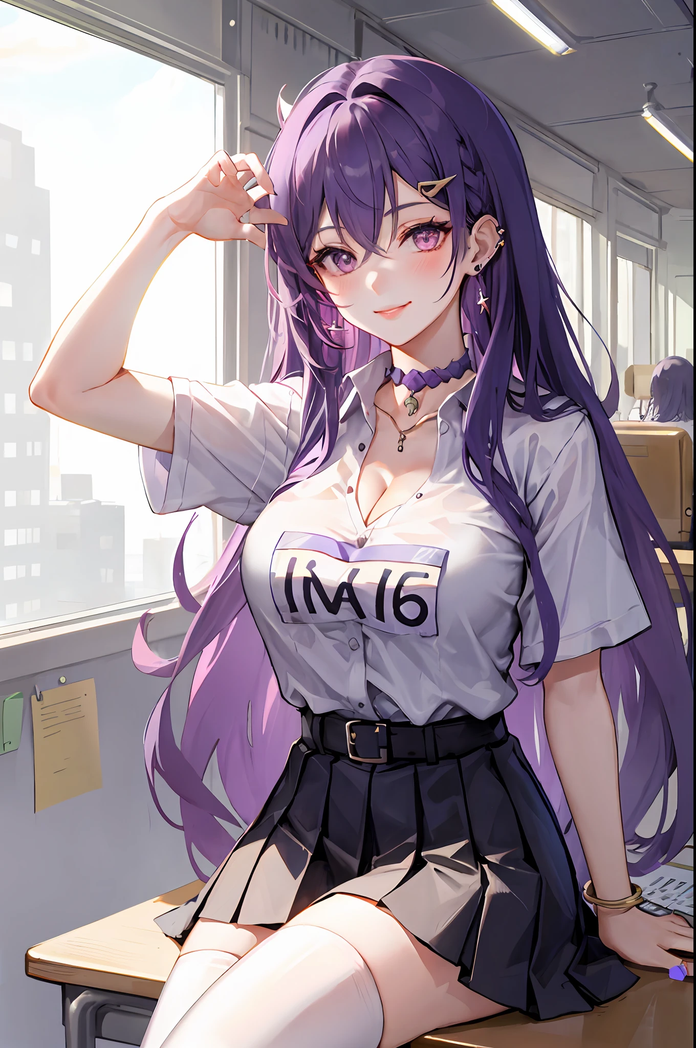 Keqing, genshin impact, 1girl, solo, ((white shirt)), black thighhighs, breasts, cleavage, uniform, office background, black skirt, pleated skirt, office, hair between eyes, messy hair, large breasts, hair ornament, long hair, looking at viewer, purple hair, choker, pierce, ear piercing, lip piercing, purple short nails, purple eyes, solo, thighhighs, thighs, very long hair, ((masterpiece)), sitting, chair, desk, computer on desk, name tag, id tag, indoor, blush, smile, show teeth, sexy pose, lip pierce,