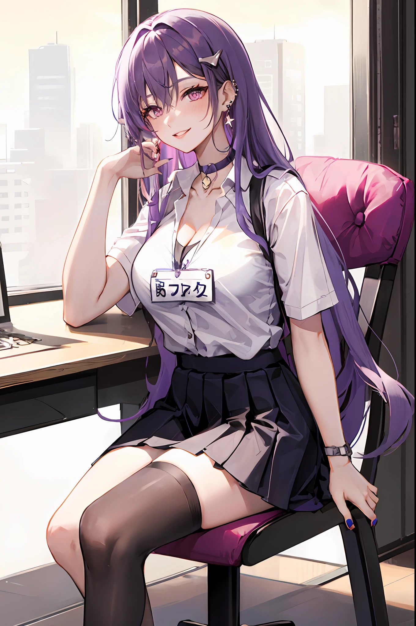 Keqing, genshin impact, 1girl, solo, ((white shirt)), black thighhighs, breasts, cleavage, uniform, office background, black skirt, pleated skirt, office, hair between eyes, messy hair, large breasts, hair ornament, long hair, looking at viewer, purple hair, choker, pierce, ear piercing, lip piercing, purple short nails, purple eyes, solo, thighhighs, thighs, very long hair, ((masterpiece)), sitting, chair, desk, computer on desk, name tag, id tag, indoor, blush, smile, show teeth, sexy pose, lip pierce,