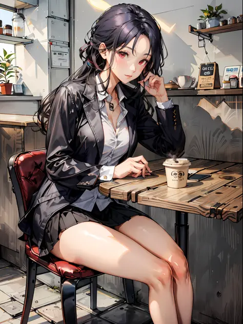 A 30-year-old woman with long black hair, red eyes, confident and positive expression, black blazer, white shirt, (black hip skirt: 1.1), (coffee in a café: 1.2), sitting on a chair, dynamic angle