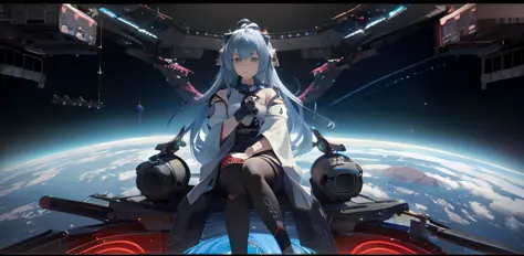 anime girl sitting on a spaceship in space with a view of earth, portrait anime space cadet girl, kantai collection style, offic...