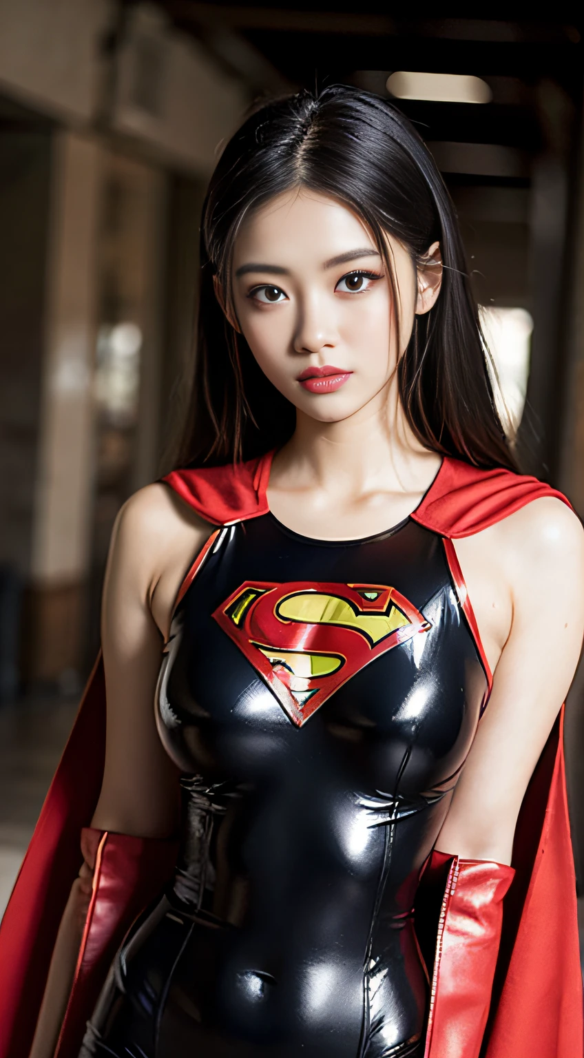 8k resolution, exquisite facial features, perfect face, superman, superhero, star symbol on the chest, cloak on the back, lines on the forehead, a female figure, a beautiful lady, shiny skin, high detail, higher quality, Bishōjo, long golden hair, tight leather clothes, (latex bodysuit), (big breakthroughs)), gym, delicate face, {{illustration}}, {extremely delicate and beautiful}, {exquisite makeup}, {{Girls in red Skin-tight garment}}, super meticulous, (black and red stripes on the clothes), delicate and luminous eyes, red leather clothes, tights, {{movie light}}, street, extreme light effect