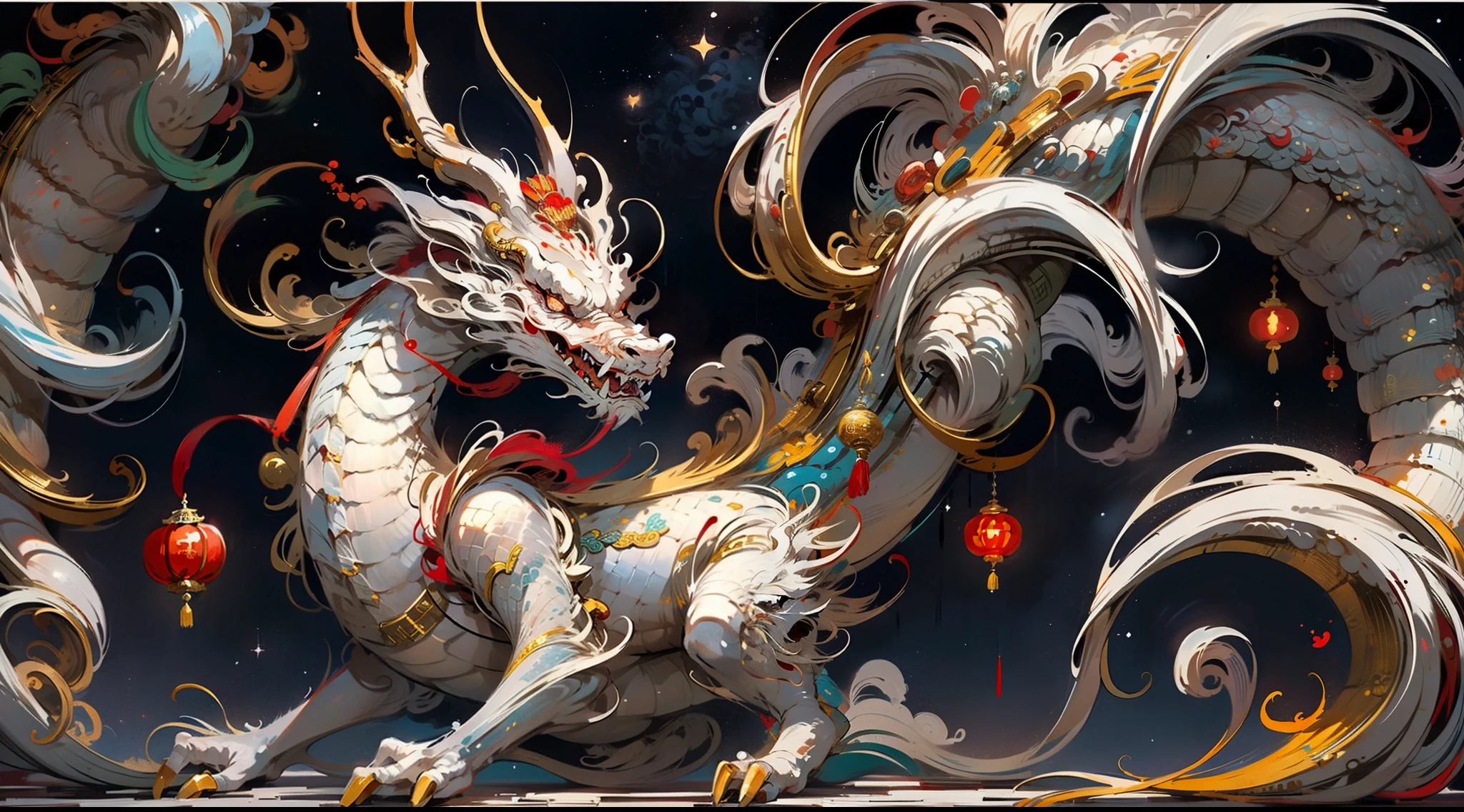 Dragão tradicional chinês, auspicioso rui, sabedoria, combinação de cores vermelho e branco, fundo do céu estrelado, sentido dinâmico