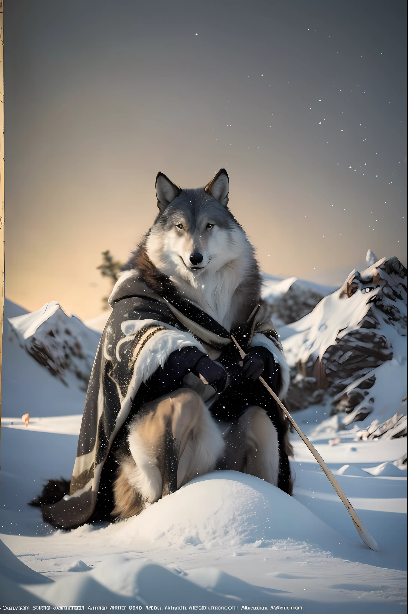 Veuillez concevoir une scène de glace de l'âge glaciaire, une peinture de personnage de l'âge glaciaire pleine de scènes de glace et de neige. Au premier plan d'un vaste glacier, un chasseur portant une cape en fourrure apparaît au centre de l'image. Ses lignes musculaires sont fermes et puissantes, et son visage est résolu. Tenant une lance dans sa main droite, il se tenait majestueusement sur un rocher enneigé, semblant observer sa proie devant lui. Le chasseur était vêtu d'une lourde tenue en fourrure, et la fourrure était parsemée de cristaux de glace, Brillant d&#39;une lumière froide. La cape sur le dos semble être tissée de flocons de neige et s'étend jusqu'au sol, formant de douces congères de glace et de neige. Les images de l'image sont montrées à travers la perspective du chasseur, avec un vaste glacier au premier plan, et la sensation de froid de la glace et de la neige dans l'air. Les montagnes au loin sont également recouvertes de neige, se fondant dans le ciel lumineux. Au bord de l'image, plusieurs loups de chasse blancs comme neige sont visibles, Ses cheveux sont épais, leurs yeux regardent fixement devant eux, et ils semblent attendre que leur proie apparaisse. Toute l'image est remplie de l'atmosphère pure de la glace et de la neige, et le comportement résolu du chasseur et l'atmosphère froide de l'environnement se reflètent mutuellement, montrant une atmosphère complètement différente de la vie primitive et de l'environnement rude.