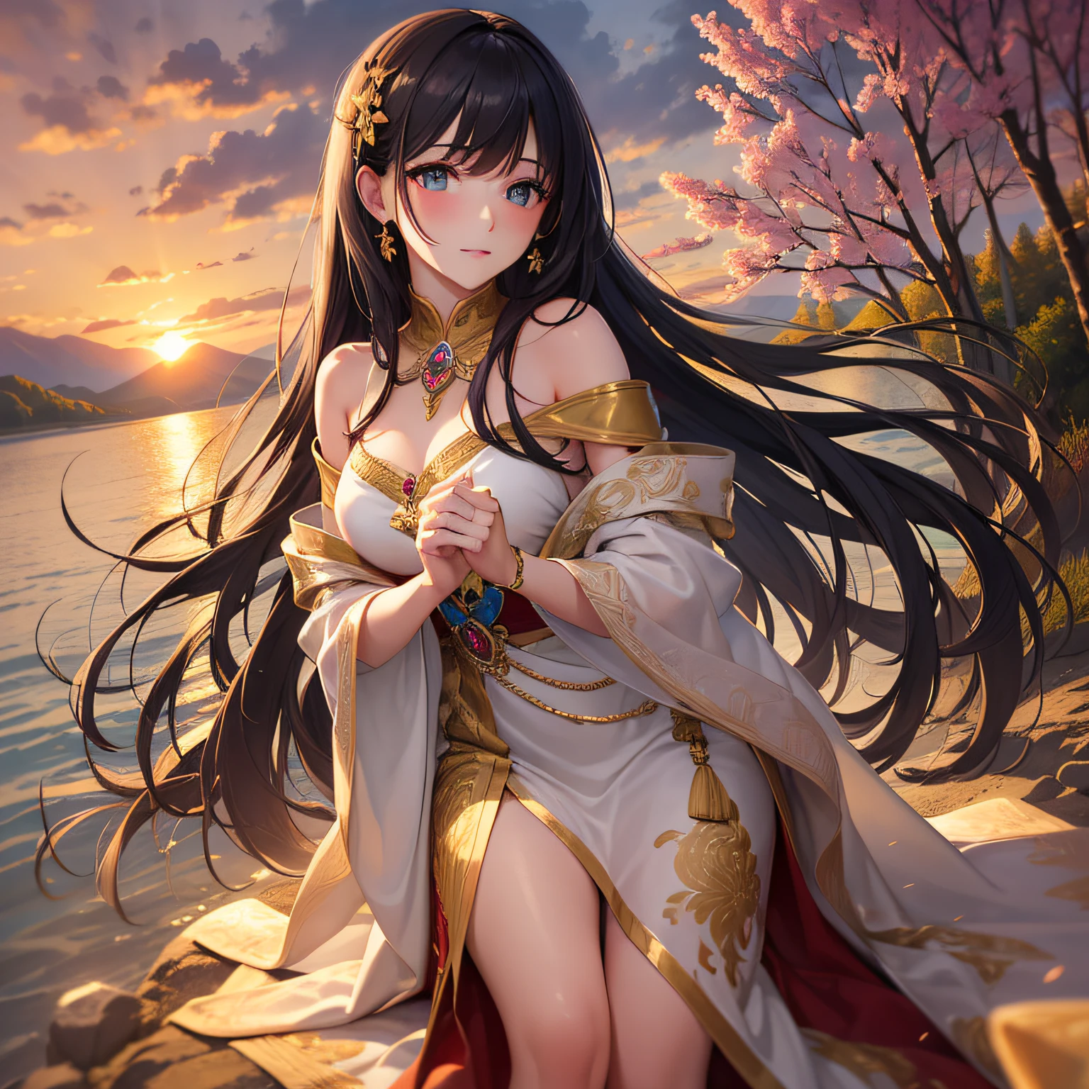 1 girl, serene expression, mesmerizing eyes, straight long hair, flowing dress, poised posture, porcelain skin, subtle blush, crystal pendant
BREAK
golden hour, (rim lighting):1.2, warm tones, sun flare, soft shadows, vibrant colors, painterly effect, dreamy atmosphere
BREAK
scenic lake, distant mountains, willow tree, calm water, reflection, sunlit clouds, peaceful ambiance, idyllic sunset, ultra detailed, official art, unity 8k wallpaper
, zentangle, mandala