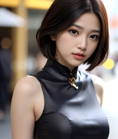 A beautiful girl, exquisite facial features, exquisite face, black Hong Kong style short hair, exquisite hairstyle, beautiful an...