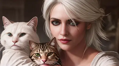 A closeup of a woman with white hair and green eyes, Ciri from The Witcher, Ciri, Witcher)), 4K photorealism, 4K photorealism, 4...