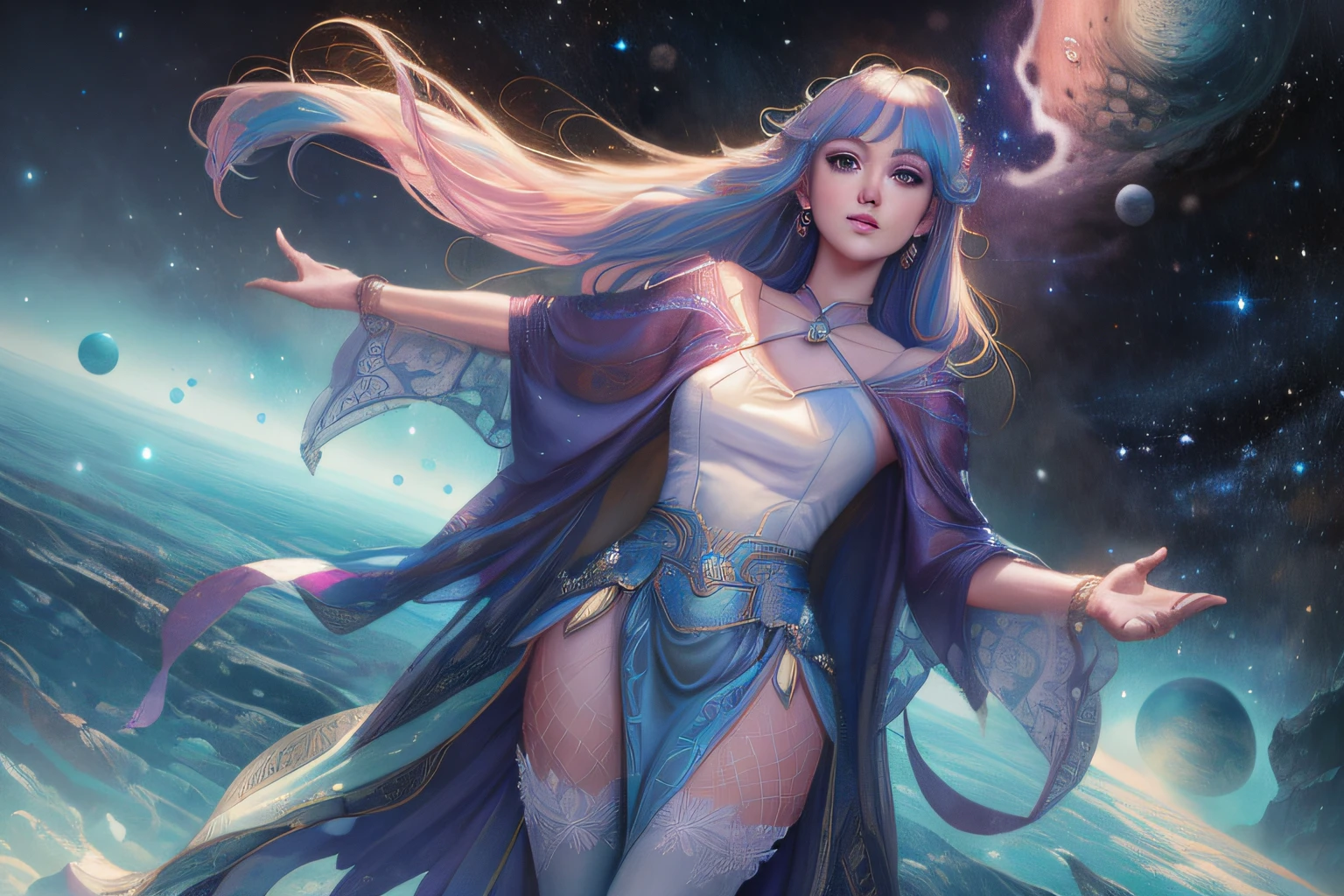 Anime-Mädchen mit langen Haaren und einem blauen Kleid, das vor einem Planeten steht, wunderschöner himmlischer Magier, inspiriert von Ross Tran, Ross-Tran-Stil, deviantart artstation cgscosiety, Rossdraws globale Beleuchtung, im Stil von Ross Tran, Göttin der Galaxien, Ross Tran 8K, rossdraws cartoon lebendige, Rossdraws Pastell lebendig, himmlische Göttin, ! dream artgerm