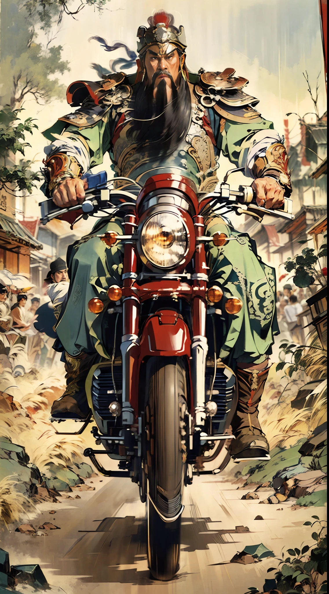 Comic style, HD quality, full body, perfect face, (eyes), Guan Yu, riding a red motorcycle, motorcycle,