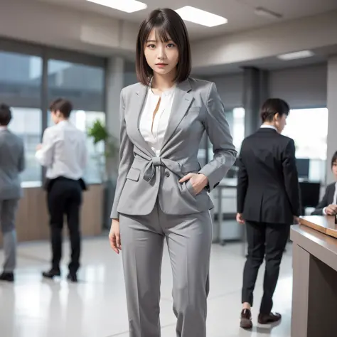 (Best Quality, 8k, 32k, Masterpiece, UHD: 1.2), 1 Girl, Beautiful Japan Woman, Thin Waist, Gray Suit, Open Jacket, Office Lady, Suit, Pants, From Back, Office, Turn, Office, Desk, (Stick Out Butt: 1.2), Fine Face, Brown Hair, Bob Hair, Saggy Eyes, Muscular...