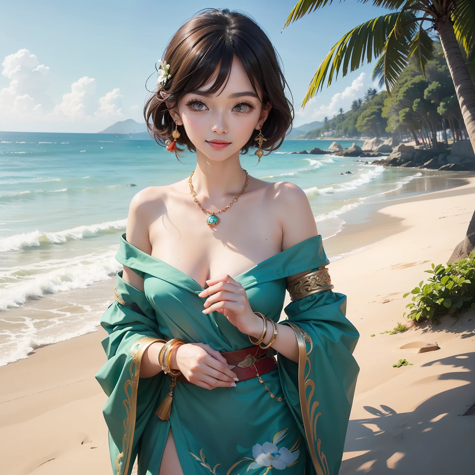 (best quality:1.1) ,(photorealistic:1.1), (photography:1.1), (highly detailed:1.1), looking at viewer,armlet, Jade bracelet, eyelashes, happy, medium breasts,beautiful detailed girl, (extremely detailed eyes and face), (lighting on face),necklace,Colorful clothes, [chinese clothes],[off shoulder], (solo:1.2), sandbeach,sand,Standing by the seaside, summer, (beautiful detailed sky),seethru,nsfw