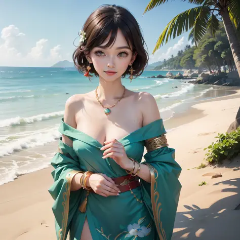 (best quality:1.1) ,(photorealistic:1.1), (photography:1.1), (highly detailed:1.1), looking at viewer,armlet, Jade bracelet, eyelashes, happy, medium breasts,beautiful detailed girl, (extremely detailed eyes and face), (lighting on face),necklace,Colorful ...