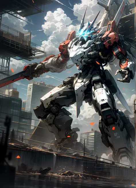 Sky, Clouds, holding_weapon, no_humans, Glow, Robot, Building, glowing_eyes, Mecha, Science Fiction, City, Reality, Mecha, Battle Stance