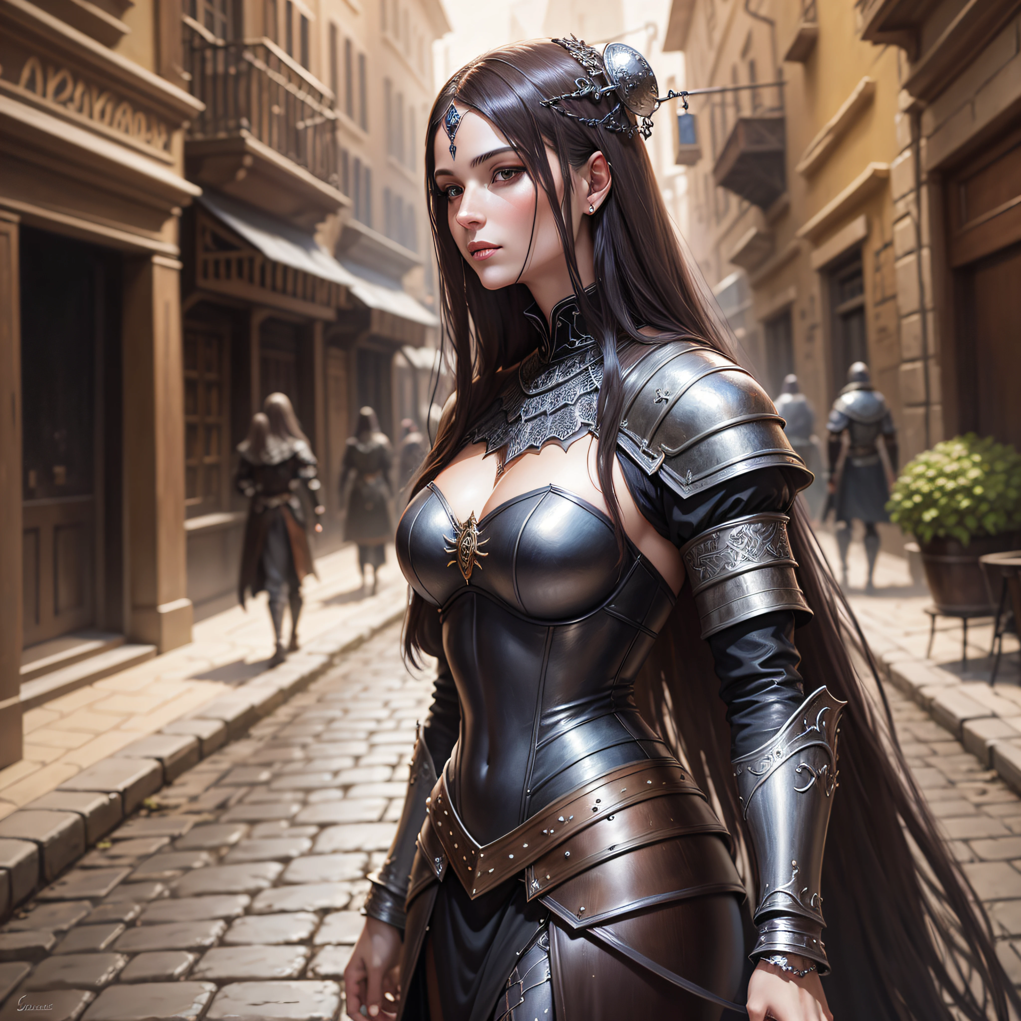 woman, photo realistic, masterpiece, realistic, high contrast, armor and closed blue iron, full body brown hair