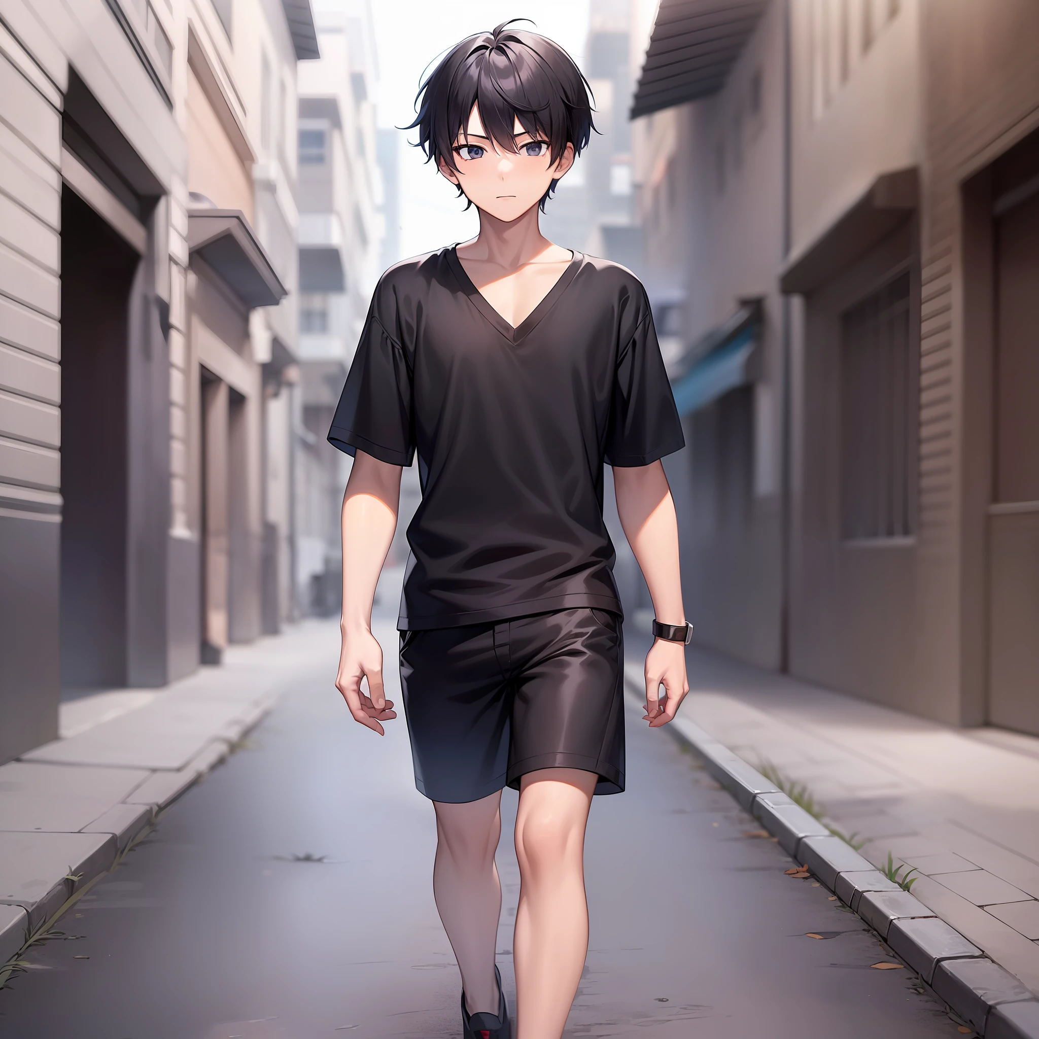 Anime boy walking down a narrow alley with a black shirt and black shorts -  SeaArt AI