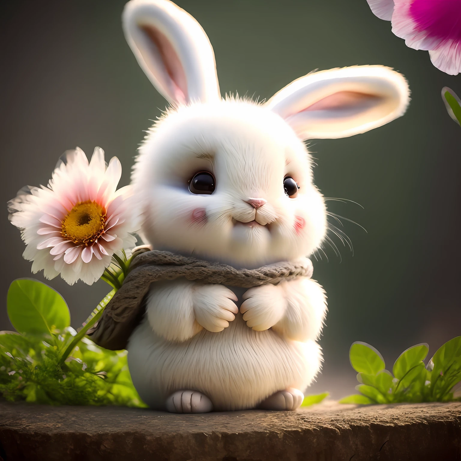 bunny, blur, bunny, flower, nature, no_humans, depth of field, to8contrast style, DARK_Glam, wearing DRK_Glam, deep shadows, (dark: 1.4), (8k, RAW photo, best quality, masterpiece: 1.2)