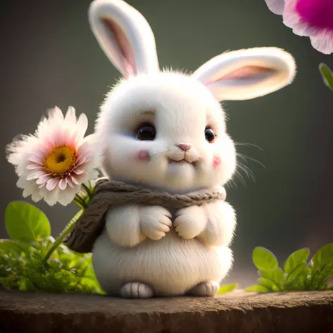 bunny, blur, bunny, flower, nature, no_humans, depth of field, to8contrast style, dark_glam, wearing drk_glam, deep shadows, (da...