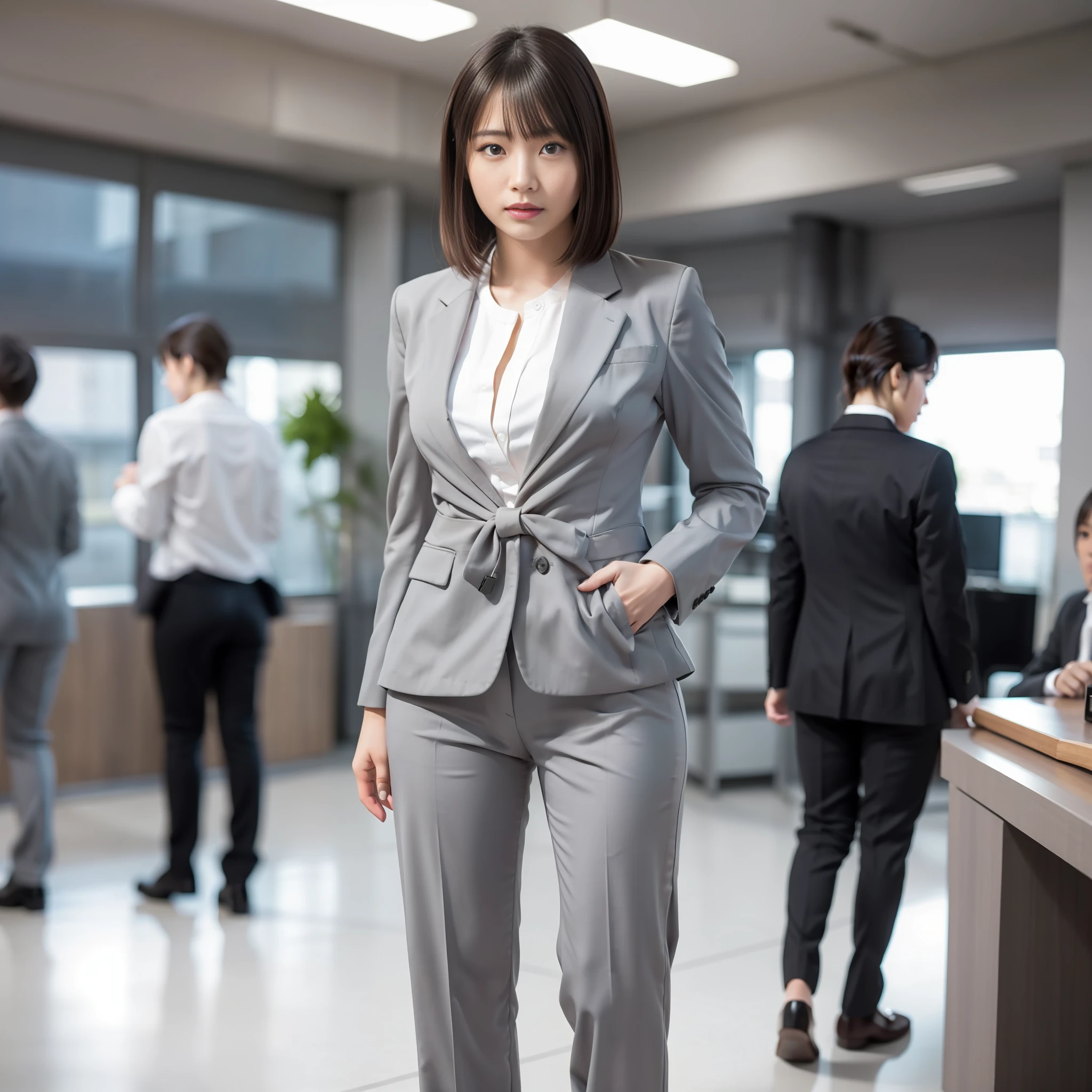 (Best Quality, 8k, 32k, Masterpiece, UHD: 1.2), 1 Girl, Beautiful Japan Woman, Thin Waist, Gray Suit, Open Jacket, Office Lady, Suit, Pants, From Back, Office, Turn, Office, Desk, (Stick Out Butt: 1.2), Fine Face, Brown Hair, Bob Hair, Saggy Eyes, Muscular, Slender, Full Body, Detailed Fingertips, One Woman, Solo, Cool Expression