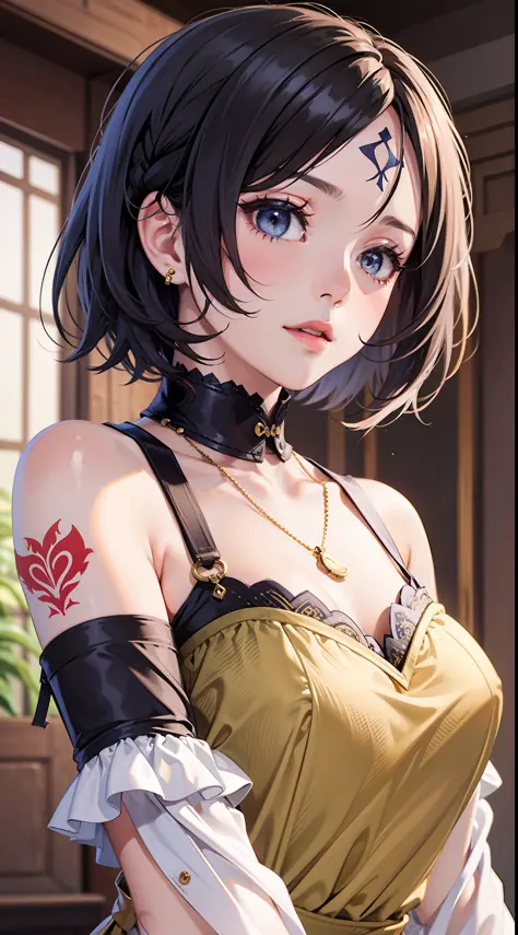 masterpiece, best quality, 1girl, solo, voxel art,
navy hair, gold eyes, white girl,
very short hair, nihongami,
gown, trim dress,
Wipe forehead , Collar necklaces, Tattoo sleeves,
Master , clubroom,