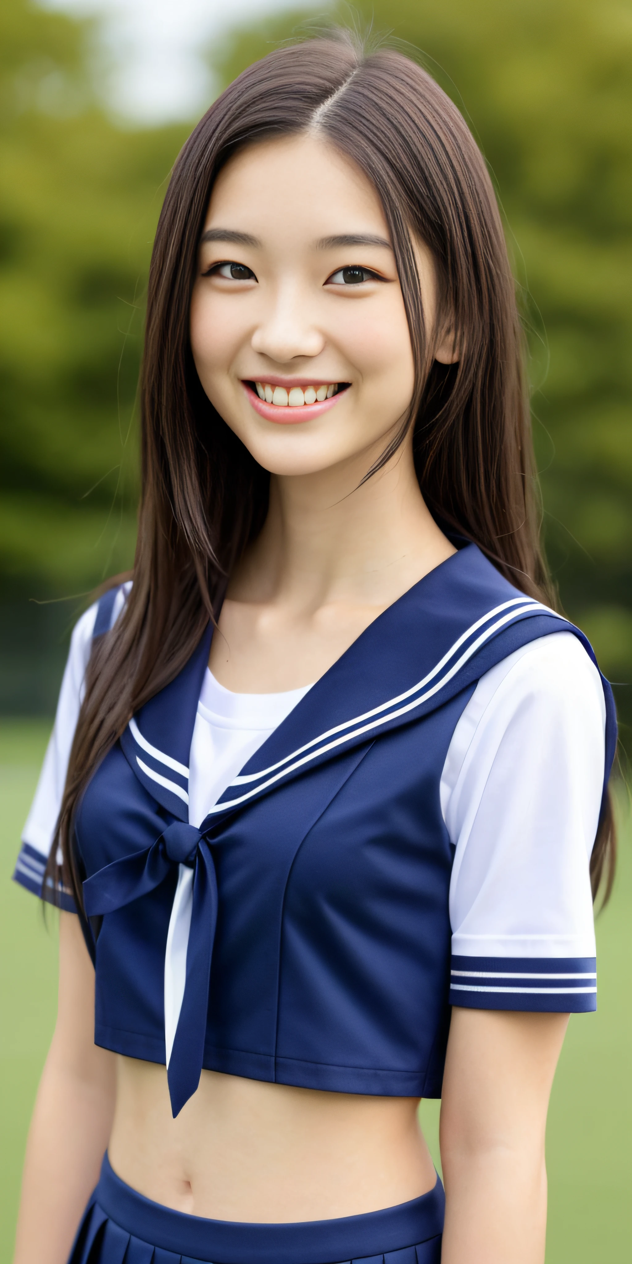 neat college girl, (school uniform, sailor uniform, ribbon tied at chest, summer uniform, upper body white, skirt dark blue, short sleeves), outside the athletic field, (slim), photorealistic, detail, skin texture, ultra detail, delicate and sexy collarbone, smile, super detailed face, detailed lips, detailed eyes, double eyelids, small breasts, small breasts, small, small, flat chest