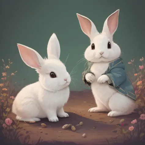 Picture book illustrations for children、橋を渡る2匹のウサギ、White rabbit、biped、Rabbit personification、3頭身、Setting image、cuddly、Two rabbit...