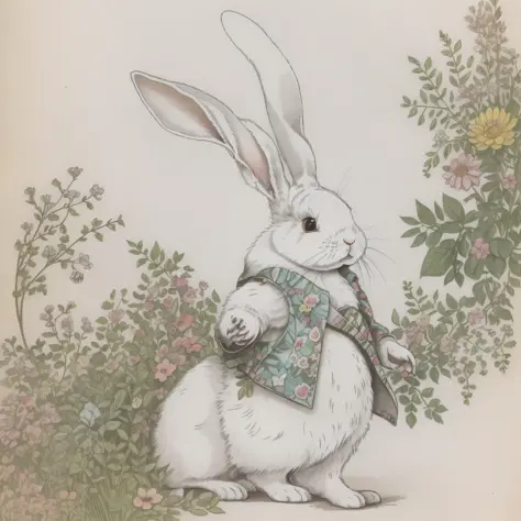 (((solo)), children's picture book drawings, rabbit in clothes, white rabbit, bipedal, rabbit personification, three-headed body, setting drawing, cute, two rabbit ears, color illustrations, setting materials, colorful colors, deformed rabbits, 18th centur...